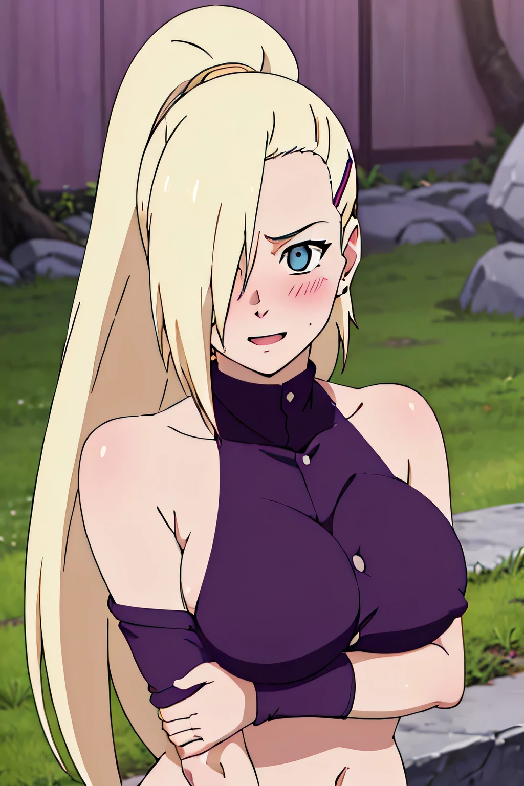 Ino Yamanaka, Naked, Naked, Naked, charming, Groin, cowboy shoot, Extraordinarily detailed face,In the forest, sunny day, Daytime, upper body view, anime style, alone, House details, Blonde, ((One eye is covered with fur., Hair over the eyes)), Medium bust, Belly button, looking at the audience, ( curved body), hidden eyes, smile, open mouth, very happy, high, Hair clips, Looks sharp, Sharp face, Sharp eyes, cool colors,Knees up,Beautiful legs,taking a shower((Beautiful nipples, Hard nipple, Medium ,Show your legs,Soaking wet, blushing)), Wet skin, Wet hair, I shake my back., Daytime, Soaking wet in oil, drops of oil, water dripping, running water, ความละเอียดhigh, best quality, sexy