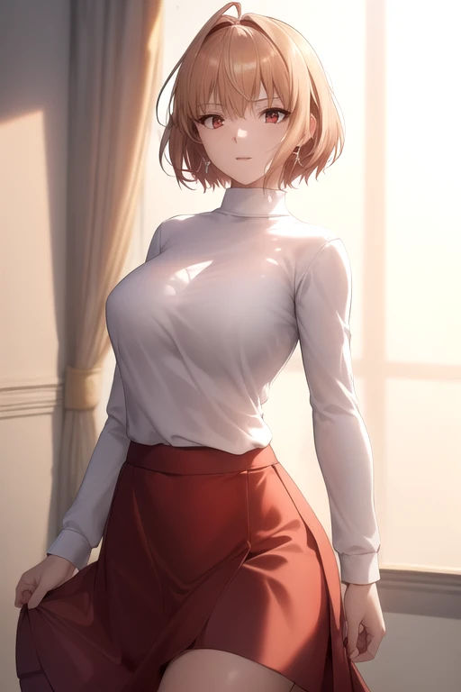 (high resolution, best quality, textile shading:1.4), (detailed, beautiful detailed eyes, super detailed skin:1.2), (caustics, ambient light, sunlight, hard shadows), cowboy shot,　arcueid brunestud, blonde hair, (red eyes:1.5), short hair, ahoge, long skirt, (purple skirt:1.1), skirt, sweater, turtleneck, white sweater,