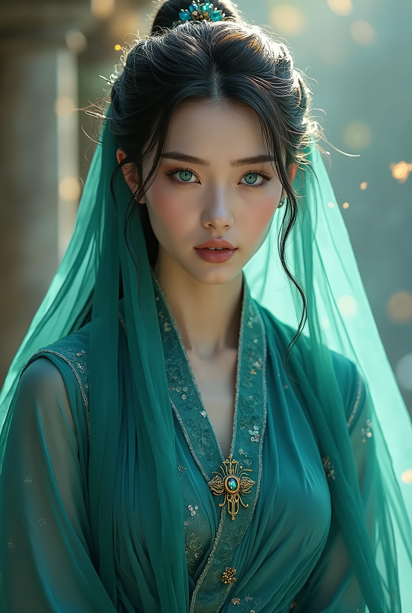 Arafed woman in a green dress with a veil and a tiable - SeaArt AI