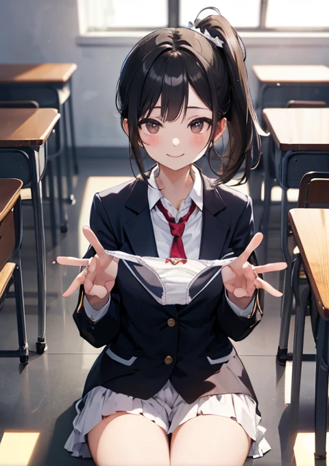 (masterpiece, 4K resolution, Ultra-realistic, Very detailed), Girl、、12 years old、blazer、Sit on a chair、classroom、Holding white panties with both hands、smile、Black Hair、Side Ponytail、Brown eyes,holding panties,presenting panties.Perfect Fingers、tie