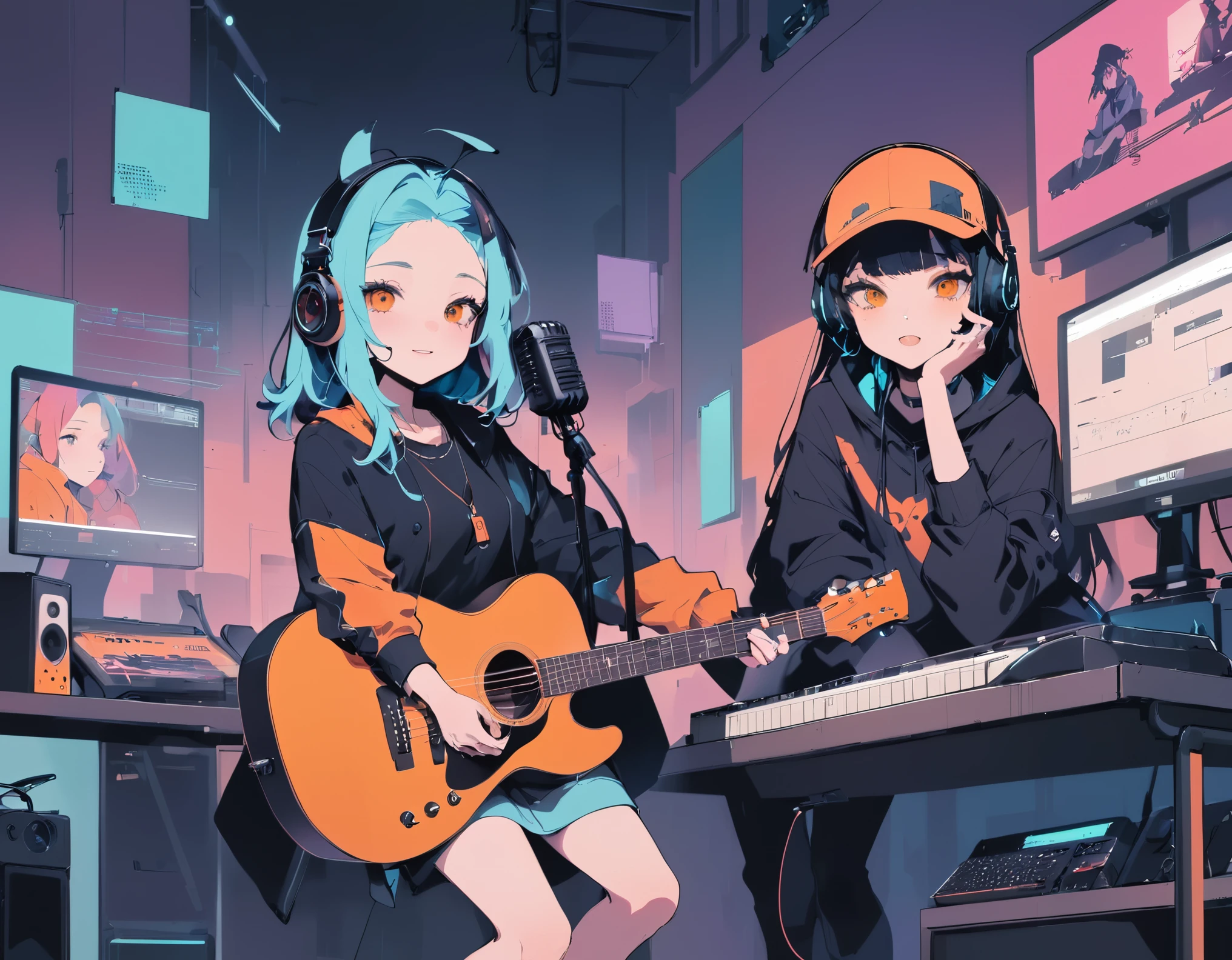 best quality, masterpiece, (Two members of a home-recording band:1.3)、Grunge Fashion、Jersey、guitar、keyboard、Monitor headphones、microphone、Laptop、Flat style、Flat Design、flat colors