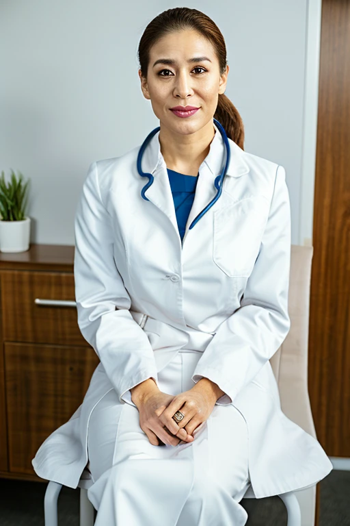 (Highest quality), (Ultra high resolution), (Facial fine structure), (8K video),

(Japanese woman: 1.55) (Senior doctor) (Aeg45) (Middle-aged woman) (White skin)

(Brown hair in a low ponytail: 1.55)

(Female doctor sitting in a chair examining a patient)

(Looking at the viewer) (Examination room), (Examination),
(Looking at the camera), (Stethoscope)

(Long white doctor coat: 1.55)

(Pure white blouse coat underneath)
(Tight midi skirt),
(Sitting in a chair)