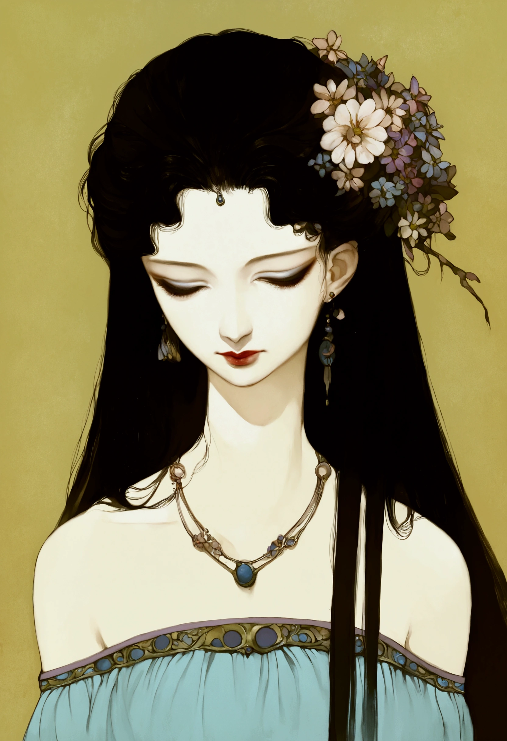 score_9, score_8_up, score_7_up, score_6_up, 
 amano yoshitaka, 1girl, solo, flower, closed eyes, jewelry, long hair, necklace, makeup, hair ornament, lipstick, hair flower, upper body, earrings, bare shoulders, black hair, 