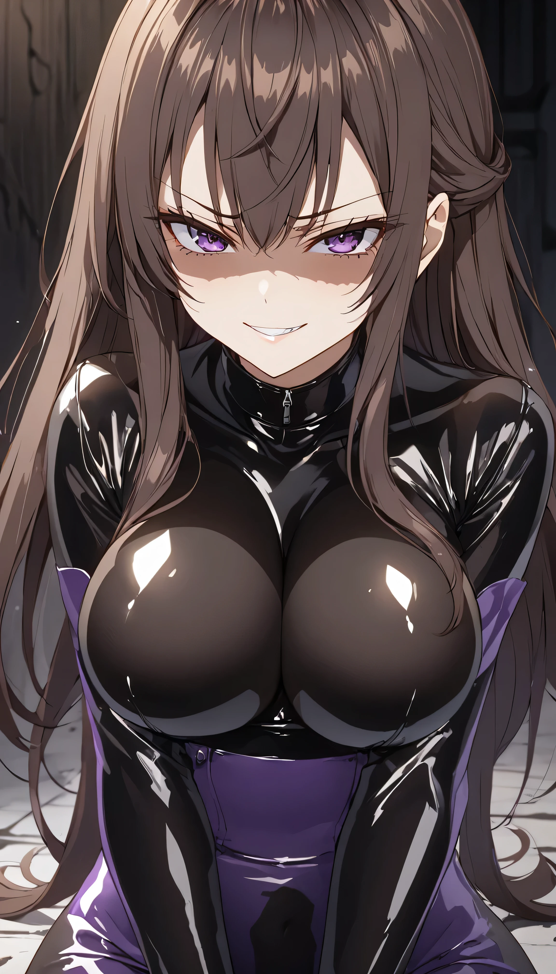 Detailed work, best quality, 4K clarity, shaded face(eys in shadow), Anime, background, , จากซีรีย์ Alya Sometimes Hides Her Feelings in Russian, Suou Yuki, long brown hair, purple eyes, ตาแบบAnime, B cup breasts, latex, , ,evil grin,evil smirk,face up,