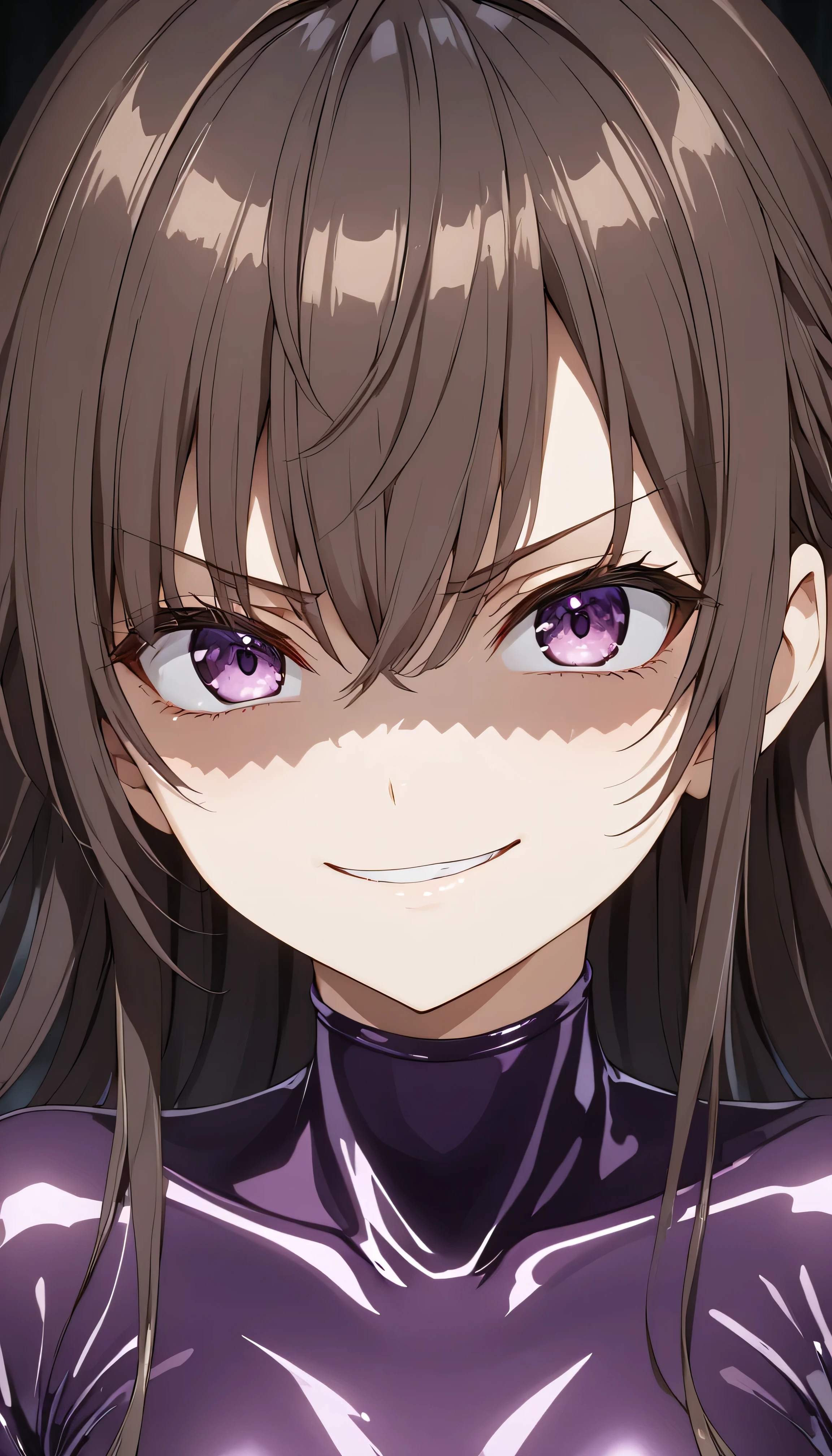 Detailed work, best quality, 4K clarity, shaded face(eys in shadow), Anime, background, , จากซีรีย์ Alya Sometimes Hides Her Feelings in Russian, Suou Yuki, long brown hair, purple eyes, ตาแบบAnime, small breasts,shiny latex, , ,,very evil smirk,face up,