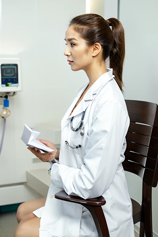 (Highest quality), (Ultra high resolution), (Facial fine structure), (8K video),

(Japanese woman: 1.55) (Senior doctor) (Aeg45) (Middle-aged woman) (White skin)

(Brown hair in a low ponytail: 1.55)

(Female doctor sitting in a chair examining a patient)

(Looking at the viewer) (Examination room), (Examination),
(Looking at the camera), (Stethoscope)

(Long white doctor coat: 1.55)

(Pure white blouse coat underneath)
(Tight midi skirt),
(Sitting in a chair)