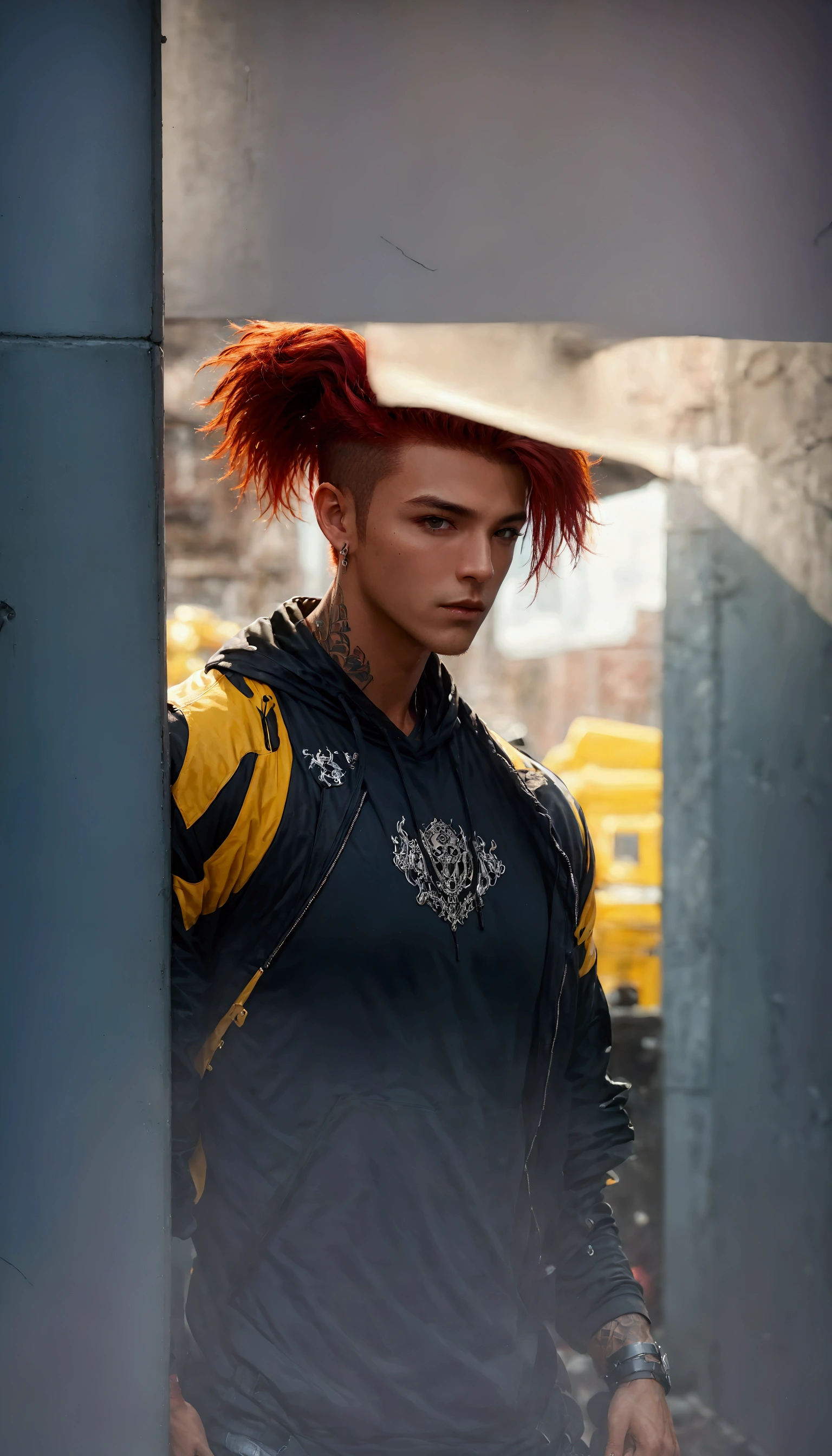 handsome tanned man with red mohawk hair,striking red mohawk,red hair,intense eyes,detailed facial features,muscular build,shirtless,tattoos,gritty urban setting,cinematic lighting,dramatic atmosphere,hyper realistic,photorealistic,4k,high resolution,intricate details,cinematic composition