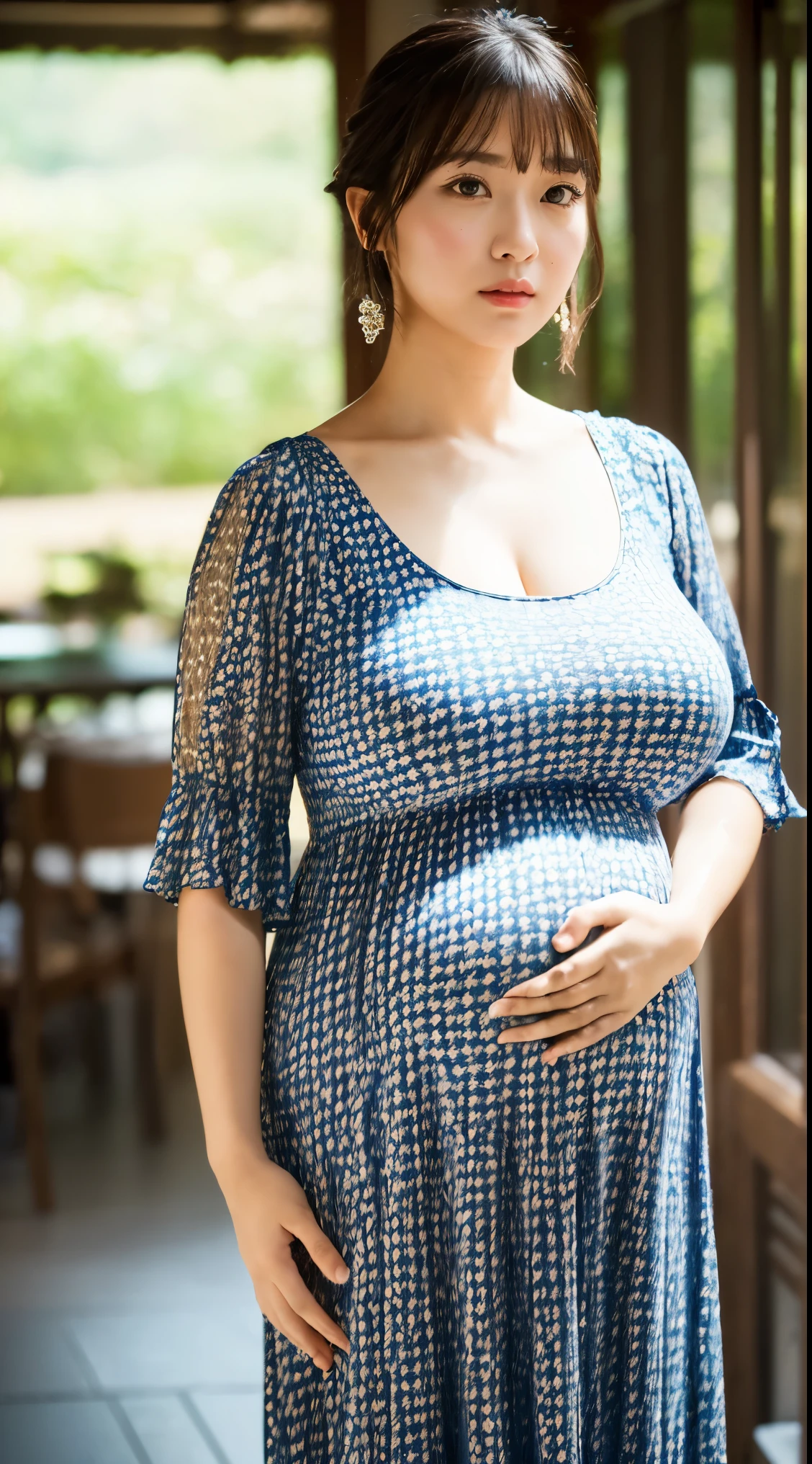 (Masterpiece,High Quality:1.3),(depth of field:1.3) ,((front body:1.35)),  Japanese ,middle-aged woman,chignon,short-sleeved Maxi Dress,(huge breasts:1.5) , chubby, (huge pregnant),(looking at viewer:1.3),(full body:1.2)