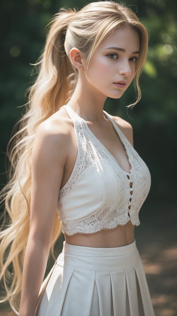 A beautiful 18 year old woman (Claudia Schiffer:Elle McPherson:0.5), (very long ash-blonde hair), (perfect body), (perfect proportions), (abs), transparent blouse, very short miniskirt, outside, high detail skin, skin pores, 4k, photography, masterpiece, best quality, rim lighting, backlight,  smile, realistic