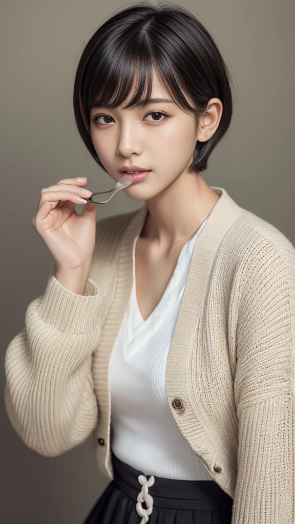 (masterpiece:1.3), (8k, Realistic, RAW Photos, highest quality: 1.4), (One girl), Beautiful Face, (Realistic Face), (Black Hair, short hair:1.3), Beautiful hairstyle, Realistic eyes, Beautiful fine details, (Realistic Skin), Beautiful Skin, (sweater), Absurd, Charm, Ultra-high resolution, Ultra-realistic, Very detailed, Golden ratio smile