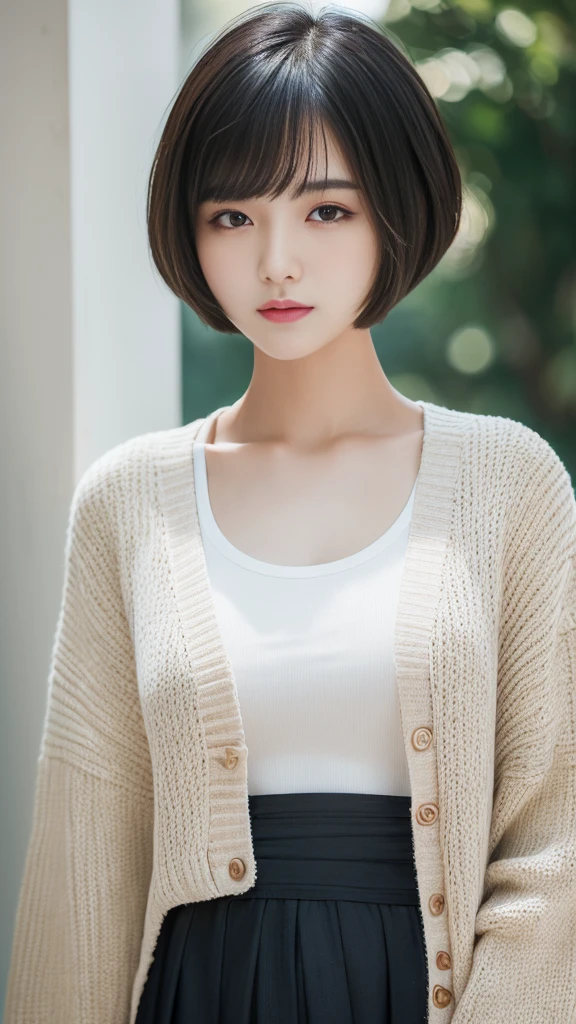 A beautiful woman who has been  and tied up、Well-formed face、Well-balanced proportions、Beautiful legake your eyes even、Hands tied with rope、Dark short-sleeved shirt、skirt、Facing forward、Standing in the woods、２１talent、Medium build、Like real life、highest quality、