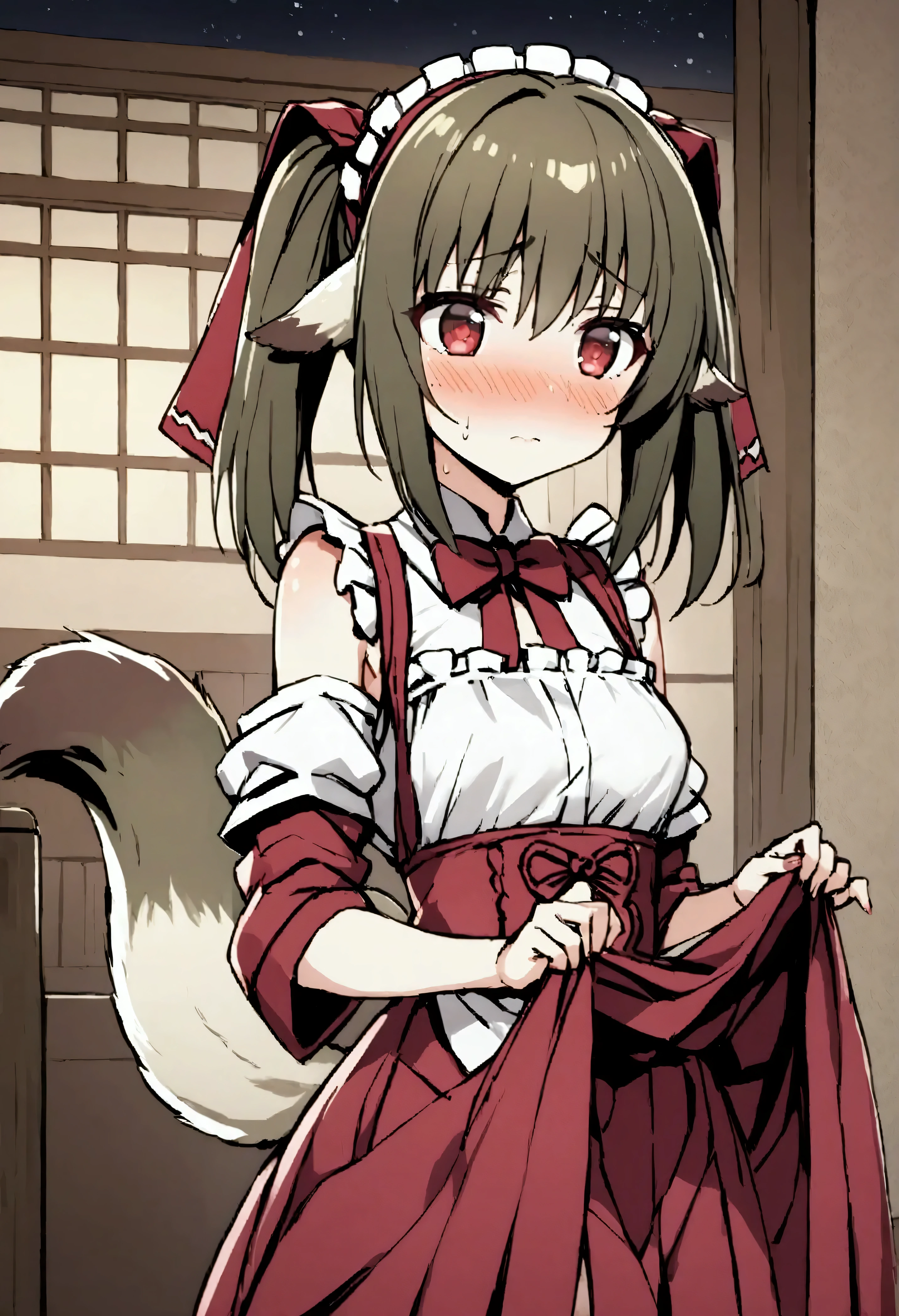 NSFW,masterpiece,Best Quality,High resolution,Very detailed,Nekone\(Utawarerumono\),Twin tails,Hair Ribbon,Red eyes,Animal ears,Tail,Classic maid outfit,Shoulder Bare,Maid Headband,mini skirt,Luxurious mansion,Japanese-style room,Brothel,Night shops,Embarrassed,blush,Lustful face,A longing gaze,(Prostitute),Skirt Lift