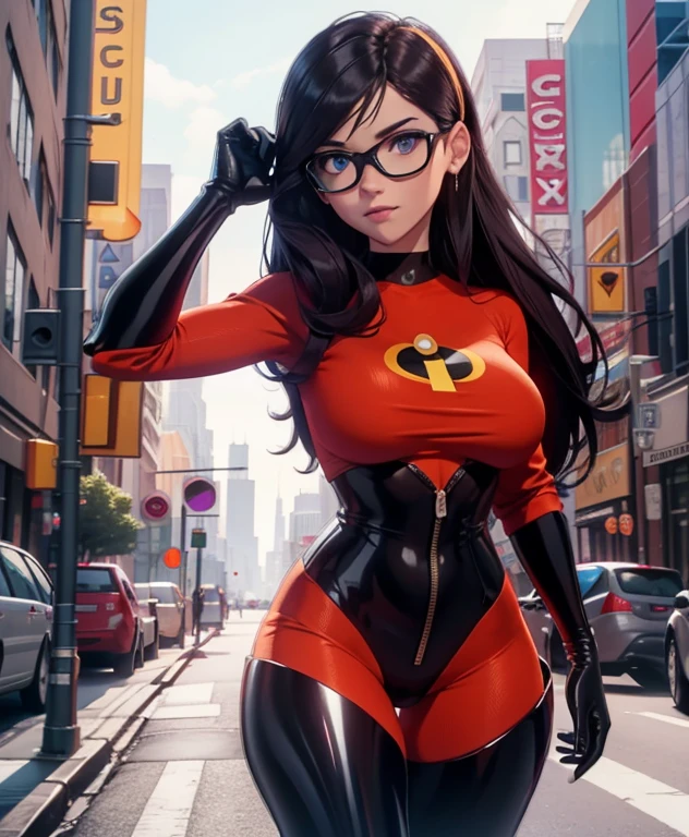 master part, best quality, 1girl, VioletParr, WMASK,  (domino mask:1.2), long hair, black hair, Purple eyes, Bodysuit, gloves, boot, thighs, Thigh boots, latex,(((hard breasts))), ((large breasts)), cleavage, to smile, Alone, activities, New York Street Background, ((sexy))