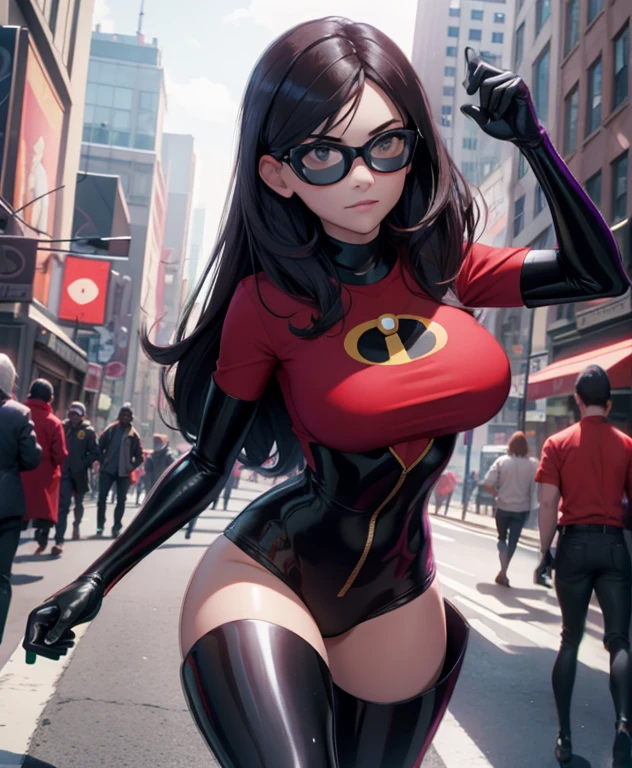 master part, best quality, 1girl, VioletParr, WMASK,  (domino mask:1.2), long hair, black hair, Purple eyes, Bodysuit, gloves, boot, thighs, Thigh boots, latex,(((hard breasts))), ((large breasts)), cleavage, to smile, Alone, activities, New York Street Background, ((sexy))