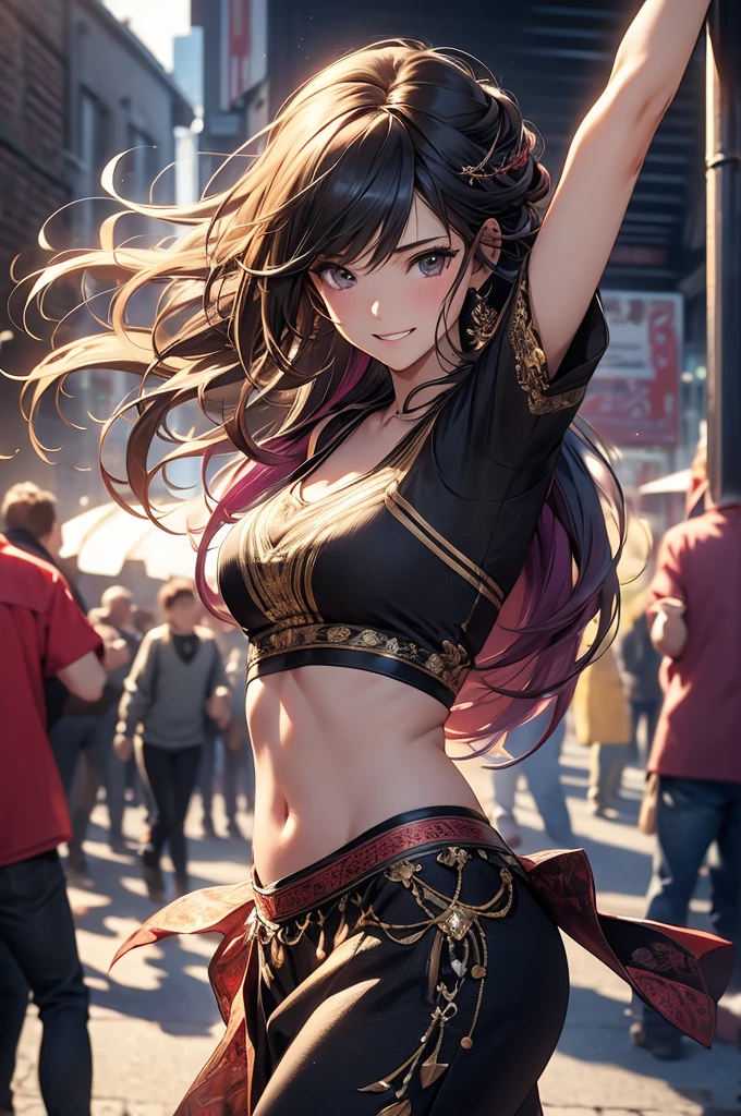 masterpiece,best quality,extremely detailed CG,ultra-detailed,beautiful detailed eyes,1girl,street dancer,happy smile,heavy dancing,looking away,multicolored hair,black eyes,