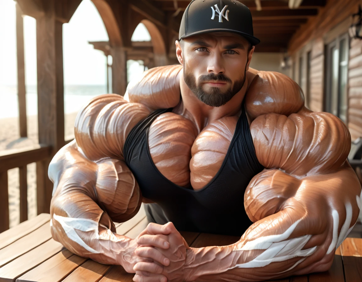 1men, 26yo, A hyper-realistic, ultra-masculine bodybuilder with exaggerated muscle size, (wearing a small shiny black thong and a tight white T-shirt emphasizes his massive chest and arms), (He has a full, short thick beard and is wearing a NEW ERA cap backwards), The setting is an outdoor beach with a warm, natural light casting detailed shadows. The man is seated at a wooden table, showing strong, muscular arms with veins and defined details. His expression is serious, and he has a focused gaze. The quality is 8K ultra-detailed, with hyper-realistic textures on the skin, beard, and fabric of the shirt. The background features other people in soft focus, blending into the warm ambiance of the setting. (bulge in the crotch 8), (Detailed eyes), (Detailed face ), (Handsome face), (Shiny oily skin 1), gigachad, beautiful face, Dynamic lighting, (Masterpiece 2), (Best quality 2), (Detailed 2), (skin Realistic 3), hyperrealistic, Professional photography, Depth of field,