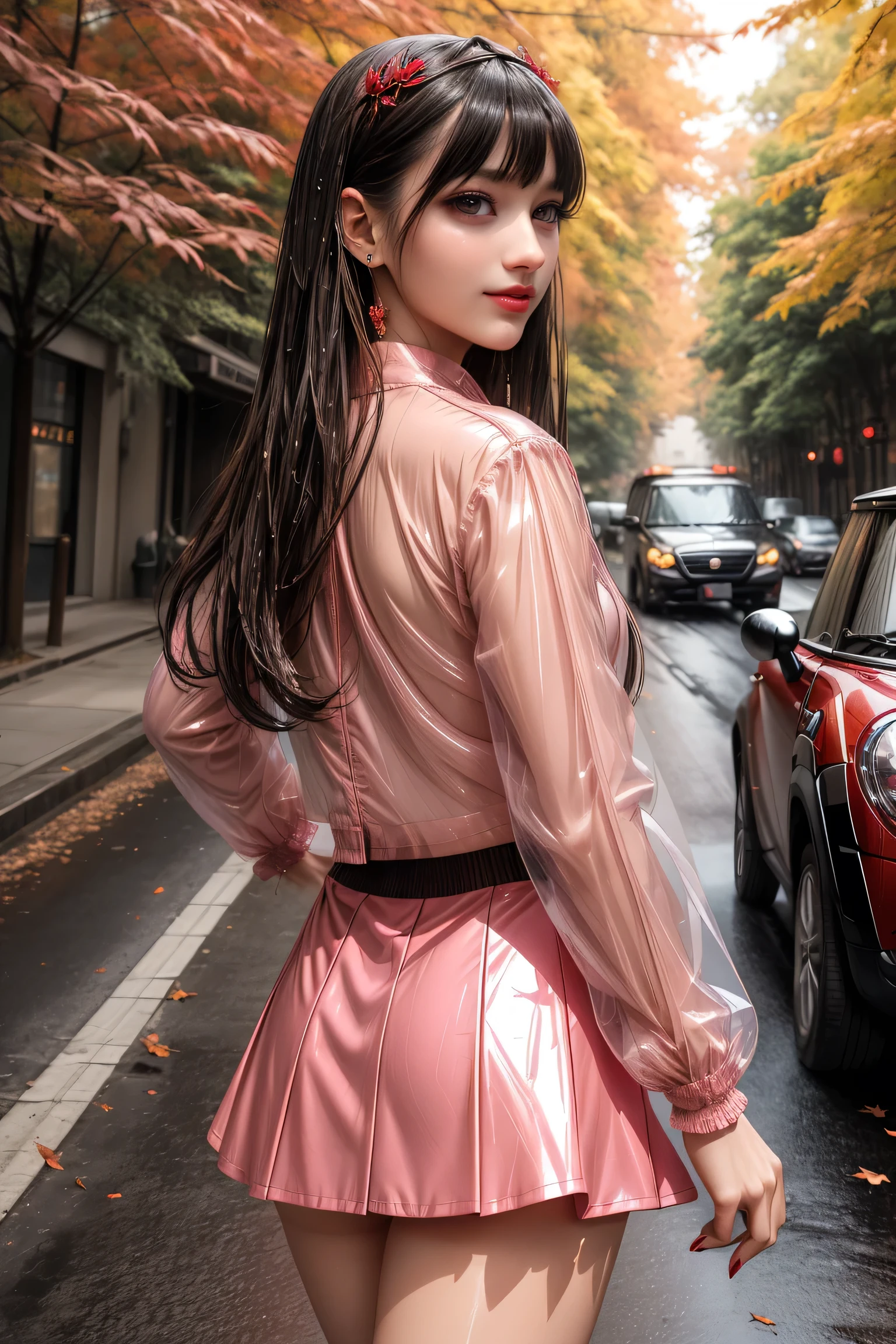 ((Autumn leaves lined street))((dusk)),((A woman walking surrounded by red maples))、(Rear view),(look back),Career woman、Beauty、One person女、One person、Long Hair、（Office Lady)、Viewer、Smile、(Big Blue Eyes)、Hair Accessories、gem、(Light brown hair)、mouthをclose、bangs、bracelet、lips、Portrait、Red nails、close、赤いlips、Long Hair、Viewer、smile、（after the rain）mouth、bangs、bracelet、lips、Portrait、Red nails、close、赤いlips、(Shiny skin)、(Full body angle)、((Light pink jacket、Semi-transparent blouse、Black tight mini skirt)),（黒いHigh heels), (Pantyhose)、(She&#39;s wet)、(Long legs)、Bee、Laser beam))、(Full Body Shot)、(Long legs)、(High heels)、、Underarm、Raise your arms、protogen、Underarm、Show the side、、Sleeveless、upper armを見せる、upper arm、(手を上げてRaise your arms)、((Autumn leaves are falling))