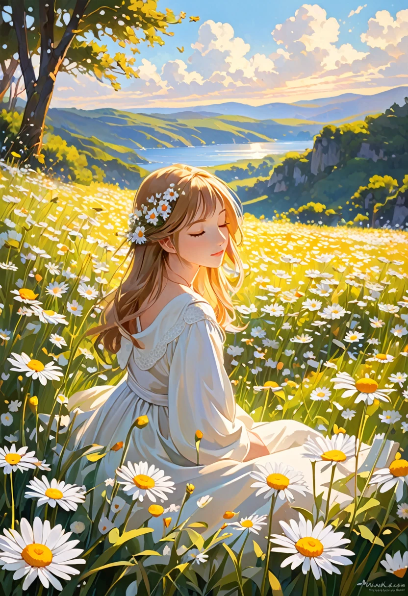 Lustration of a woman in a field of flowers A blue sky of clouds, beautiful illustration, beautiful painting, beautiful UHD 4K art, beautiful art, a beautiful art illustration, art in the style of Guweiz, beautiful painting, Atey Ghailan 8K, Artgerm and Atey Ghailan, girl in a field of flowers, (butterflies).