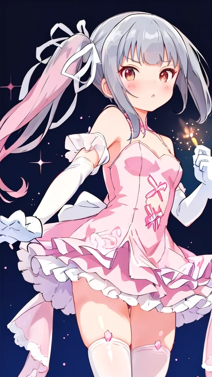 Beautiful illustrations、(white, Pastel pink, crystal color palette:1.3),break,(Pastel pink tulle dress with crystal beadwork:1.4),(white lace gloves:1.2),crystal-studded heels,(candle-shaped earrings:1.1),(crystal headband:1.2),(masterpiece、Best Quality、8k ), (Beautiful details), Detailed face, Perfect lighting, Highly detailed CG, (Perfect hands, Perfect Anatomy), 1 cute girl,girl, Kasumi_Kantai Collection, gray_hair, length_hair, side_ponytail, ribbon, brown_eye, hair_ribbon,  black_ribbon,Cute face、Sparkling eye、Thighs、A pose that attracts men、