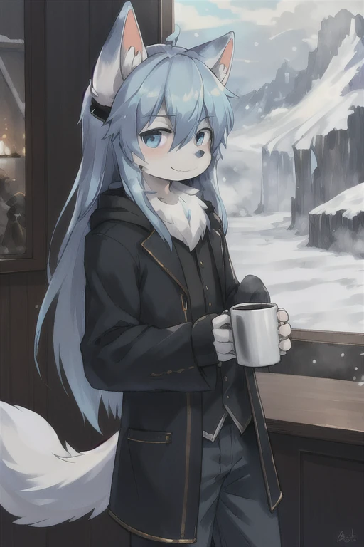 Boy with wolf ears　Blue long hair　Snow Mountain　Snowstorm　On the Cliff　Kind Face,Holding a metal mug in each hand,Steam is rising from the mug,(The right move),(Correct finger) Looking at this