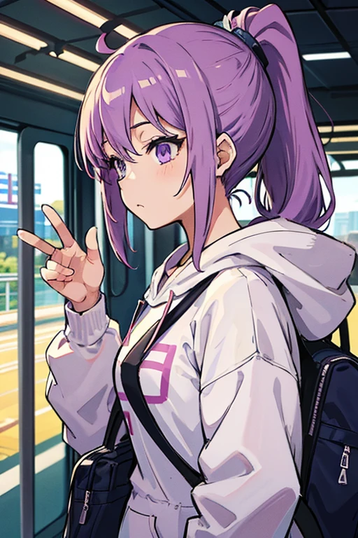 anime、High image quality、A woman getting off the train at the platform、One Young Woman、Purple ponytail、listening to music on headphones、White hoodie、carrying a shoulder bag over one&#39;s shoulder、Blue mini skirt、Orange body train、