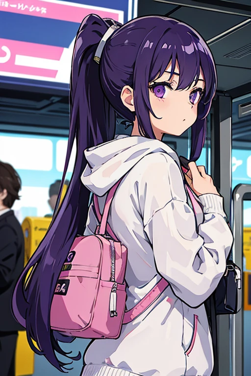 anime、High image quality、A woman getting off the train at the platform、One Young Woman、Purple ponytail、listening to music on headphones、White hoodie、carrying a shoulder bag over one&#39;s shoulder、Blue mini skirt、Orange body train、