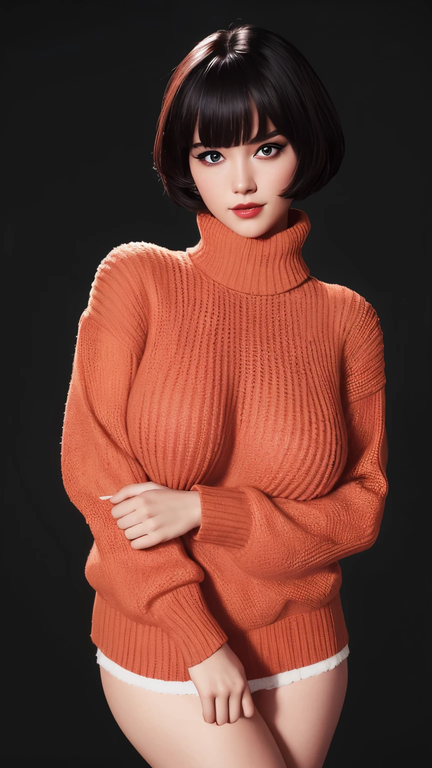 1girl, star eye, blush, perfect illumination,black 
short hair , red eyes, unreal engine, sidelighting, detailed face, bangs, bright skin, simple background, dark background, orange color turtle neck sweater, mini skirt, massive boobs and tits, full body