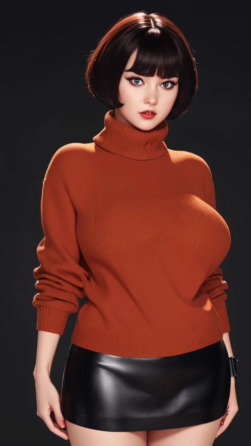 1girl, star eye, blush, perfect illumination,black
short hair , red eyes, unreal engine, sidelighting, detailed face, bangs, bright skin, simple background, dark background, orange color turtle neck sweater, mini skirt, massive boobs and tits, full body