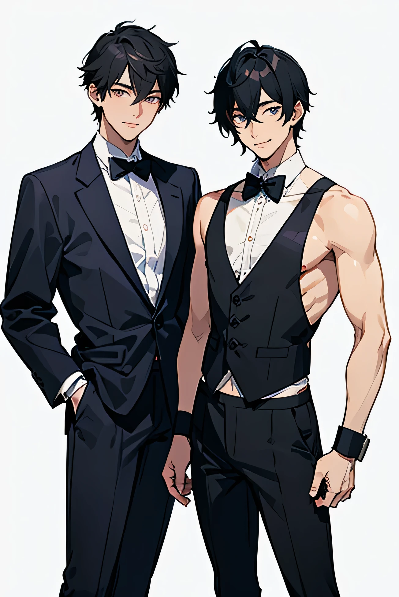 Anime men character, mid-lenght black hair, black eyes, villain, psycho, smiling, psychopath, B&W filter, manga style