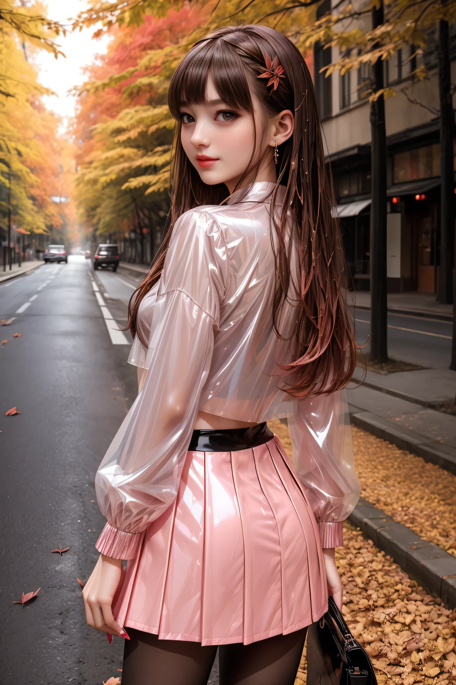 ((Autumn leaves lined street))((dusk)),((A woman walking surrounded by red maples))、(Rear view),(look back),Career woman、Beauty、One person女、One person、Long Hair、(Office Lady)、Viewer、Smile、(Big Blue Eyes)、Hair Accessories、gem、(Light brown hair)、mouthをclose、bangs、bracelet、lips、Portrait、Red nails、close、赤いlips、Long Hair、Viewer、smile、(after the rain)mouth、bangs、bracelet、lips、Portrait、Red nails、close、赤いlips、(Shiny skin)、(Full body angle)、((Light pink jacket、Semi-transparent blouse、Black tight mini skirt)),(黒いHigh heels), (Pantyhose)、(She's wet)、(Long legs)、Bee、Laser beam))、(Full Body Shot)、(Long legs)、(High heels)、、Underarm、Raise your arms、protogen、Underarm、Show the side、、Sleeveless、upper armを見せる、upper arm、(手を上げてRaise your arms)、((Autumn leaves are falling))