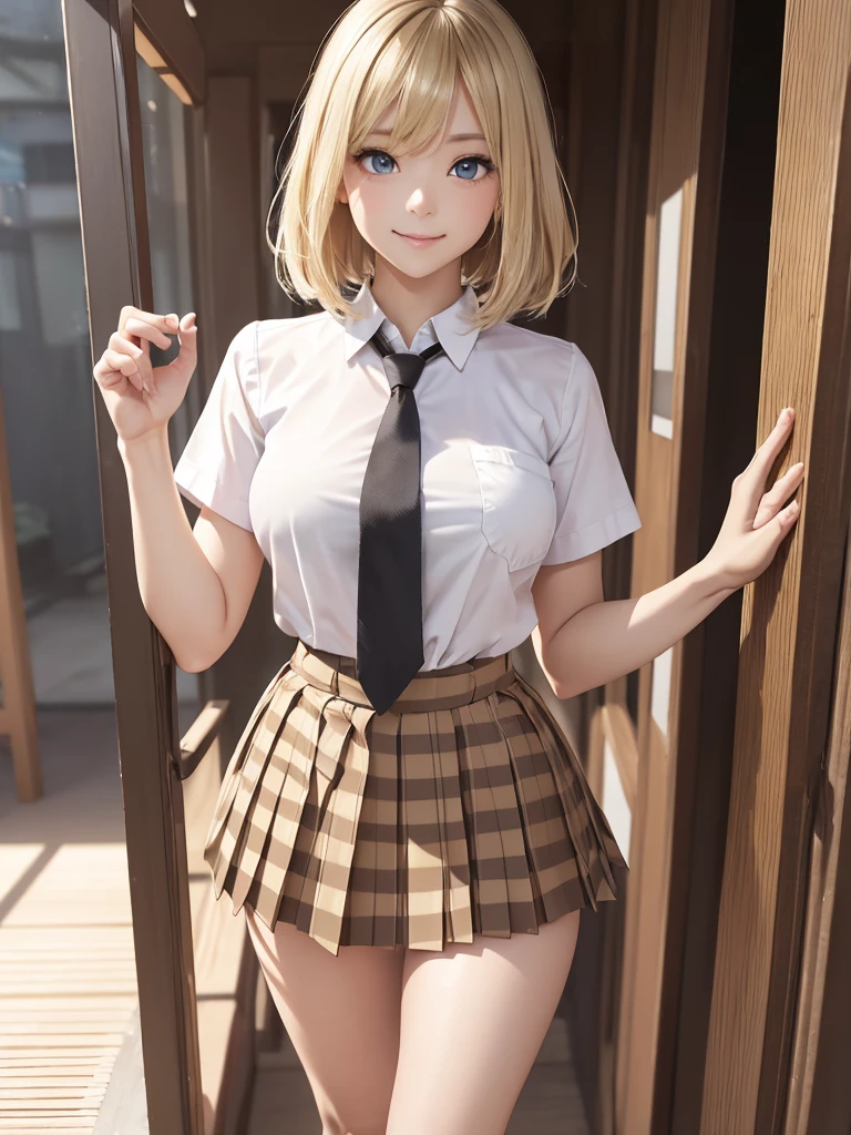 8k, Best Quality, The real picture, Intricate details, Very detailed, Ultra-high resolution, Depth Field, (Realistic,Realistic:1.2), Tabletop, (Full Body Shot), 1 girl, eye_Chan, so beautiful, innocent big eyes, Beautiful breasts:1.5, 非常に詳細なeye:1.2), (Beautiful breasts:1.1), ((Blonde)), (Medium Bob Hair), Perfect Skin, Fair skin, Small breasts, Tight waist, Alone, Staring at the audience, (smile), ((School_Uniform), (White shirt, Wear a tie), (Light brown checkered pleated micro mini skirt), (Standing in the crowds of Tokyo)