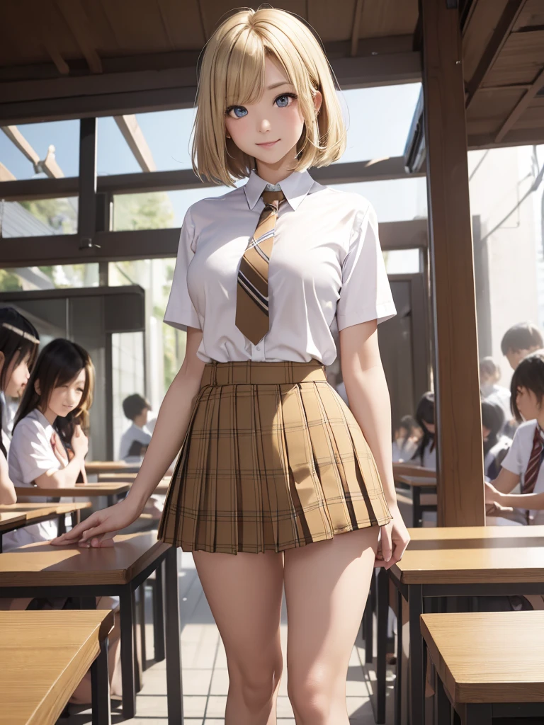 8k, Best Quality, The real picture, Intricate details, Very detailed, Ultra-high resolution, Depth Field, (Realistic,Realistic:1.2), Tabletop, (Full Body Shot), 1 girl, eye_Chan, so beautiful, innocent big eyes, Beautiful breasts:1.5, 非常に詳細なeye:1.2), (Beautiful breasts:1.1), ((Blonde)), (Medium Bob Hair), Perfect Skin, Fair skin, Small breasts, Tight waist, Alone, Staring at the audience, (smile), ((School_Uniform), (White shirt, Wear a tie), (Light brown checkered pleated micro mini skirt), (Standing in the crowds of Tokyo)