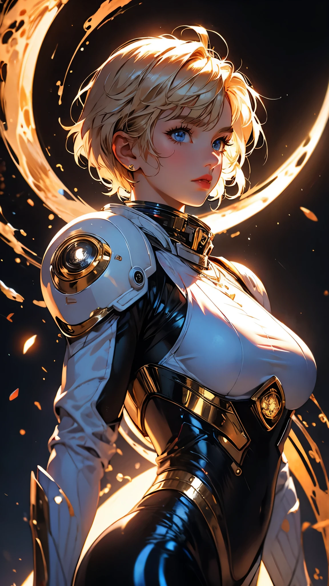 ((Masterpiece)), envision a 8k, highres, cinematic, extremely beautiful semi realistic portrait of a beautiful mature warrior woman with a sweet face, slender curvy body, ((big breasts)), soft face, angel face, ((short pixie cut golden blonde hair)), (tan skin), side locks, choppy bangs, round face, long sweeping bangs, (deep blue eyes), soft lips, lip gloss, thick eyebrows, (((ahoge))), Astro Suit, Space Suit, Armor, Giantess, Larger than Earth, ((((1girl)))), in dark lighting, against a dark gray background
