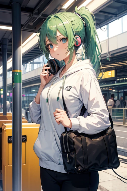 anime、High image quality、A woman getting off the train at the platform、One Young Woman、Green ponytail、(((listening to music on headphones)))、White hoodie、carrying a shoulder bag over one&#39;s shoulder、Blue mini skirt、Orange body train、