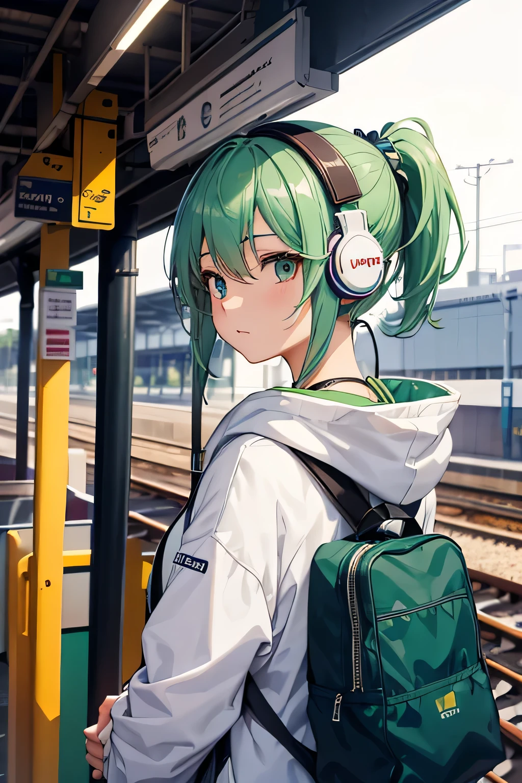 anime、High image quality、A woman getting off the train at the platform、One Young Woman、Green ponytail、(((listening to music on headphones)))、White hoodie、carrying a shoulder bag over one&#39;s shoulder、Blue mini skirt、Orange body train、