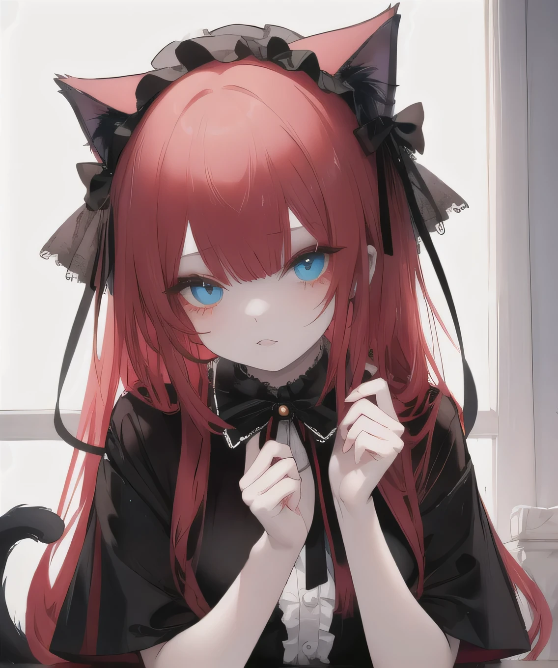 A red-haired, blue-eyed girl wearing a costume that looks like a Halloween fantasy cat.