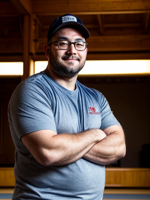 An award-winning original photo, A bear man, (Japanese man), (30 years old daddy: 1.1), 1 man, Solo, (plaid T shirt), beefy physique, bald, (hairy arms), chubby and stout, stubbles (Detailed body), realistic eyes, wearing baseball cap, glasses, smirking, looking at viewer, lighting (Best quality, high resolution, Photorealistic), Cinematic lighting, Masterpiece, RAW photo, Intricate details, hdr, depth of field, upper body and face shot (realistic: 1.4), (from the front), dojo in the background, daylight