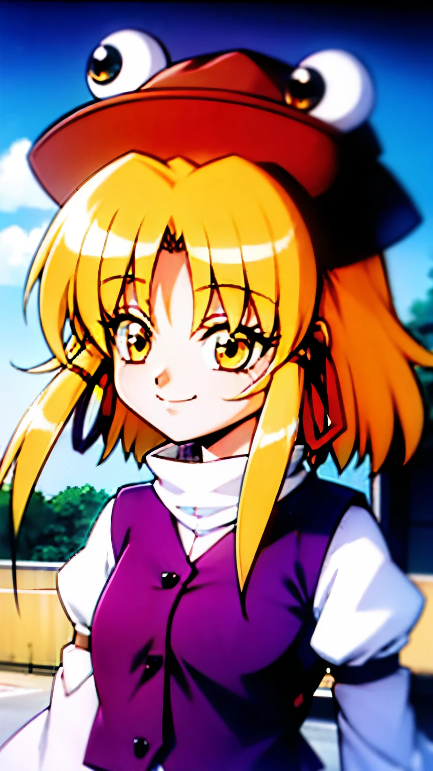 retro artstyle moriya_suwako_touhou
blonde_hair, hat, ribbon, hair_ribbon, vest, smile, yellow_eyes, bangs, red_ribbon, brown_headwear, purple_vest, sidelocks, short_hair