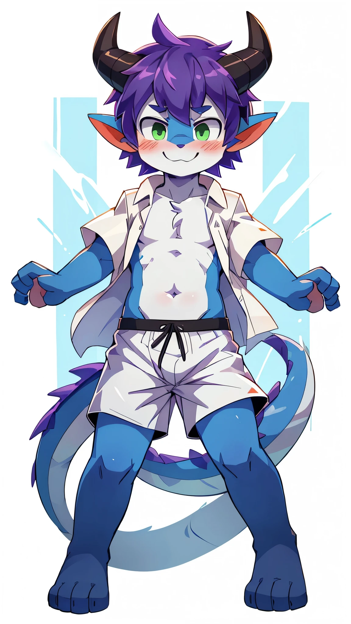 score_9,score_8_up,score_7_up, source_cartoon, source_furry, dragon boy, horns, green eyes, tail, purple hair, shota, furry, blush, dragon tail, looking at viewer, smile, dragon horns, pointy ears, short hair, furry male, two tone body fur, blue body fur, white body fur, ((white hawaiian shirt, open clothes, black swim trunks)), full body, feets with three toes, 3 toes, dynamic action shot, motion blur, thick outline, anthropomorphic, countershading, white background, simple background, front view, standing,