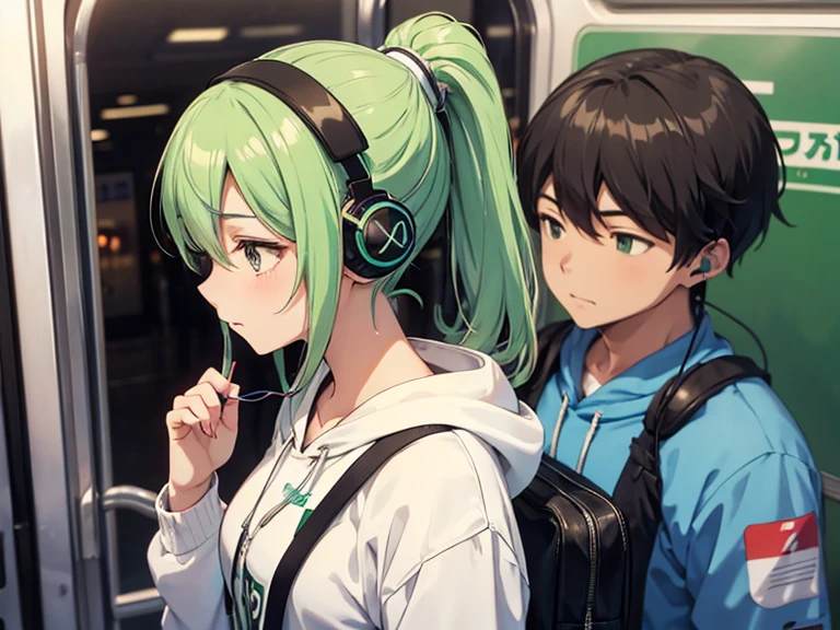 anime、High image quality、A woman getting off the train at the platform、One Young Woman、Green ponytail、(((listening to music on headphones)))、White hoodie、carrying a shoulder bag over one&#39;s shoulder、Blue mini skirt、Orange body train、