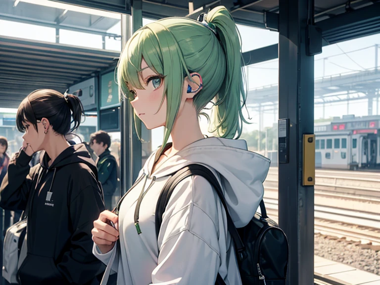 anime、High image quality、A woman getting off the train at the platform、One Young Woman、Green ponytail、(((listening to music on headphones)))、White hoodie、carrying a shoulder bag over one&#39;s shoulder、Blue mini skirt、Orange body train、