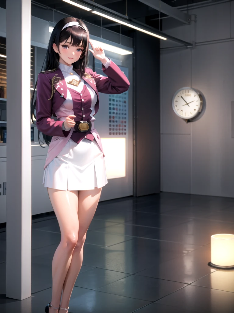 (Highly detailed CG), (Best Quality), One girl, Perfect Face,  Shiny skin, Shiny skin, Wide Hips, Narrow waist,  ,Meiju,jacket,White Skirt,Hairbands,Long sleeve, belt, Black Hair,,smile, indoor,Straight Hair, 