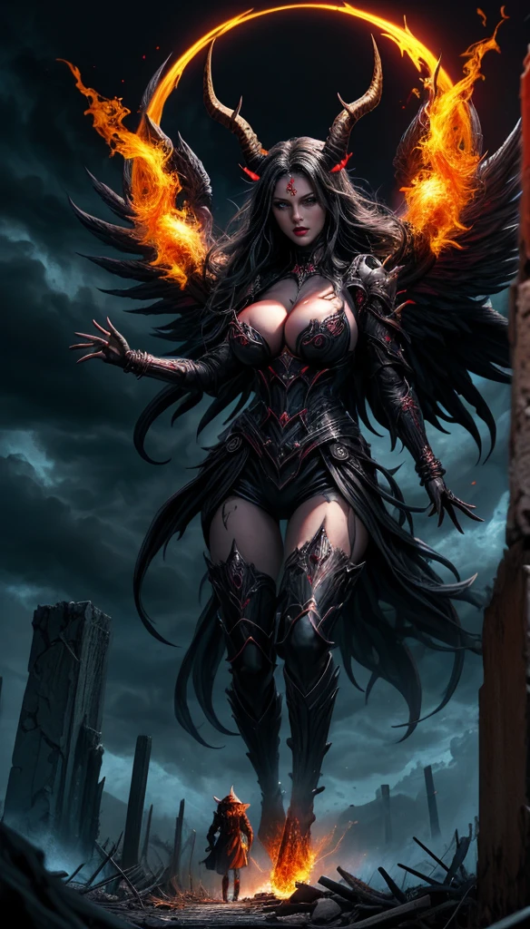 Ultra-detailed French girl, ago, angel, Fallen angel, Black angel, 2 big wings, Black feather, beautiful breasts, (blue eyes), showing great cleavage, darkness, Evil creature, skull, Black thorn hair ornament, Blood red roses, Dark red clothing , Black Crown Her demon wings on her back and demon horn give her an invincible aura as she unleashes a powerful wave of destruction with a single gesture. Fire, flames, blood, red lightning, thunderstorm, waterfalls, blood Moon, dark night, naked body