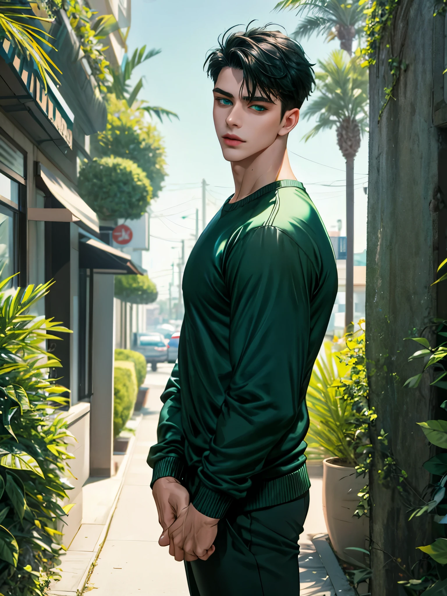 Handsome young man, black hair short hair, blue eyes, ombros largos, masterpiece, Absurd, Beautiful and detailed face, Looking at the viewer, with dark green long sleeve adidas sweater, wide green pants, daytime environment, an avenue