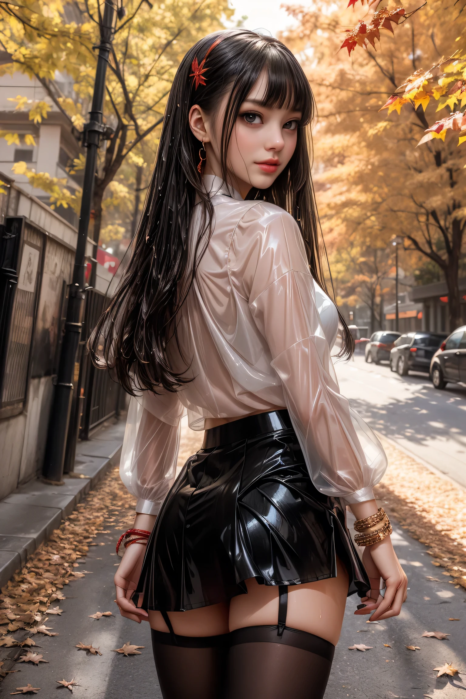 ((Autumn leaves lined street))((dusk)),((A woman walking surrounded by red maples)),(Rear view)、(look back)Career woman、Beauty、One person女、One person、Long Hair、(Office Lady)、Viewer、Smile、(Big Blue Eyes)、Hair Accessories、gem、(Light brown hair)、mouthをclose、bangs、bracelet、lips、Portrait、Red nails、close、赤いlips、Long Hair、Viewer、smile、(after the rain)mouth、bangs、bracelet、lips、Portrait、Red nails、close、赤いlips、(Shiny skin)、(Full body angle)、((Translucent white blouse、Black tight mini skirt)),(黒いHigh heels), (Pantyhose)、(Her small black underwear is visible through the)、(Skirts fly up),(She's wet)、(Long legs)、Bee、Laser beam))、(Full Body Shot)、(Long legs)、(High heels)、、Underarm、Raise your arms、protogen、Underarm、Show the side、、Sleeveless、upper armを見せる、upper arm、(手を上げてRaise your arms)、((Autumn leaves are falling))