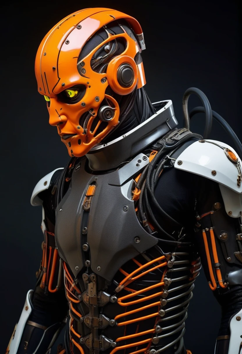 King in armor turned sideways with his left side facing the camera, details in orange with the rest of the armor black, white background with nothing just solid color. Horror style with cybernetic details, Tubos, Cables, wires, elementos Mechanics compostos de rodas dentadas que se ligam a eixos. theme horror, (suave), (cyborg), (Mechanic), (tubes), (gears), (claws), (Tentacles), Lord, (nun), (cross), (BECOMES), (layer), (gold teeth), (rings), (silver teeth), (Neon pink eyes) long view, enlarged image, full body view, Space environment.