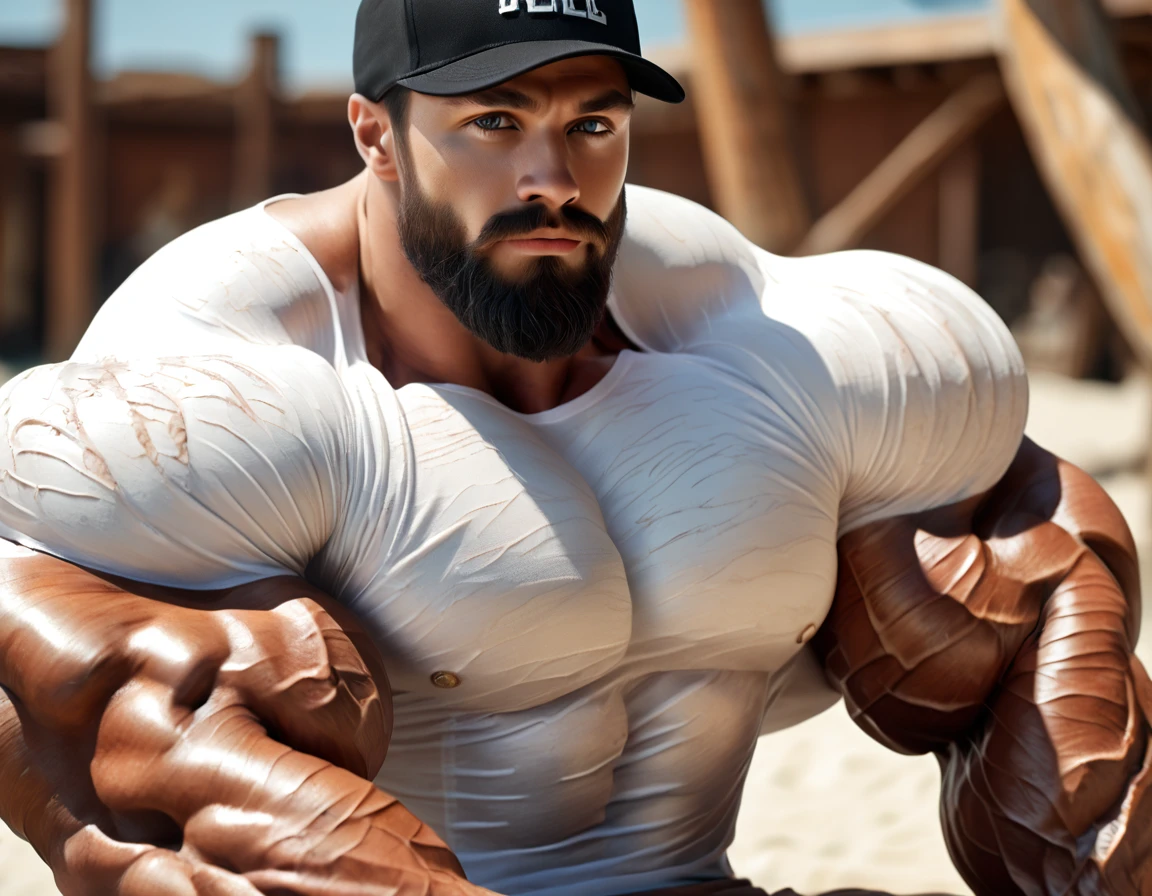 1men, 26yo, A hyper-realistic, ultra-masculine bodybuilder with exaggerated muscle size, wearing a tight white latex T-shirt that emphasizes his massive chest and arms. (He has a full, thick beard and is wearing a black baseball cap backwards), The setting is an outdoor beach with a warm, natural light casting detailed shadows. The man is seated at a wooden table, showing strong, muscular arms with veins and defined details. His expression is serious, and he has a focused gaze. The quality is 8K ultra-detailed, with hyper-realistic textures on the skin, beard, and fabric of the shirt. The background features other people in soft focus, blending into the warm ambiance of the setting.(Detailed eyes), (Detailed face ), (Handsome face), (Shiny oily skin 2), gigachad, beautiful face, Dynamic lighting, (Masterpiece 2), (Best quality 2), (Detailed 2), (skin Realistic 3), hyperrealistic, Professional photography, Depth of field,