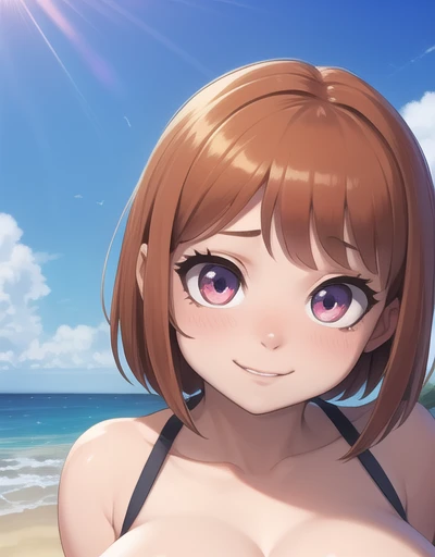 lovelive!,Anime Nose, Anime Mouth,topless、Cover your chest with your hands、Beach,Ocean,Are standing,short_hair,(masterpiece, Highest quality:1.2),shape,8K,High resolution,One Girl,alone,Upper Body,(Portraiture:1.2),brown_hair,hairclip,hair_ornament,brown_eye,