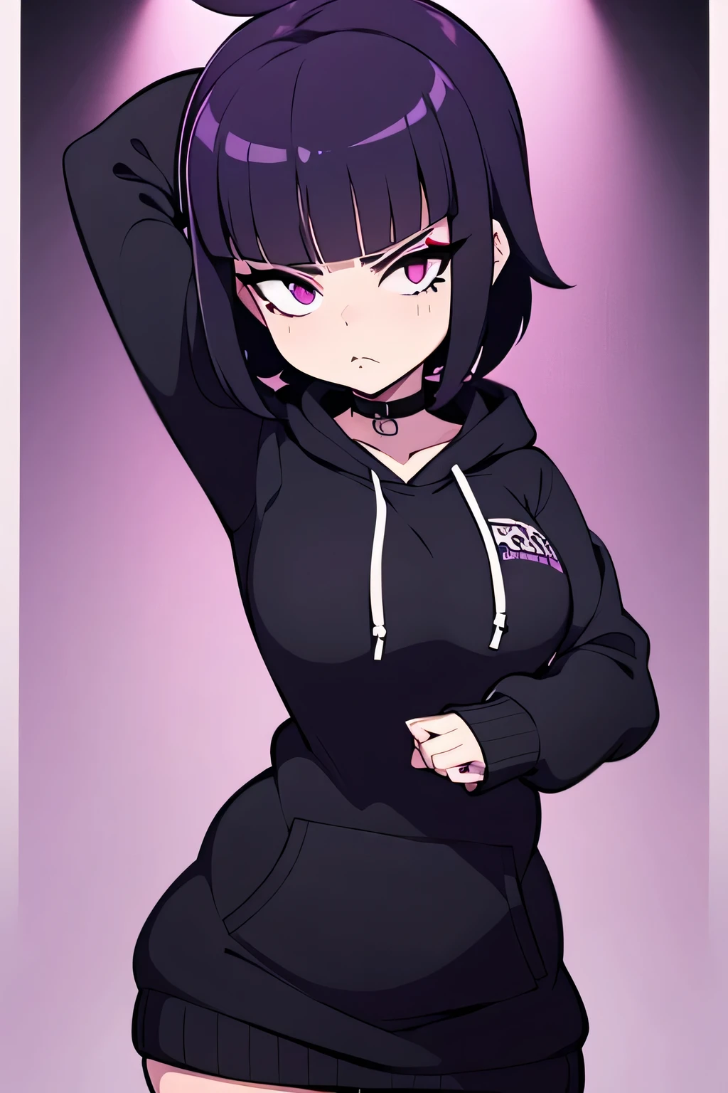 a cartoon girl with baby bangs, dark purple hair and empty white eyes, wearing an overdized black hoodie, goth, gloomy style, anime moe artstyle, 2 d anime style, 1  anime goth girl, chibi, unknown artstyle, pale young ghost girl, gapmoe yandere grimdark, goth girl, gloomy face, tired and haunted expression