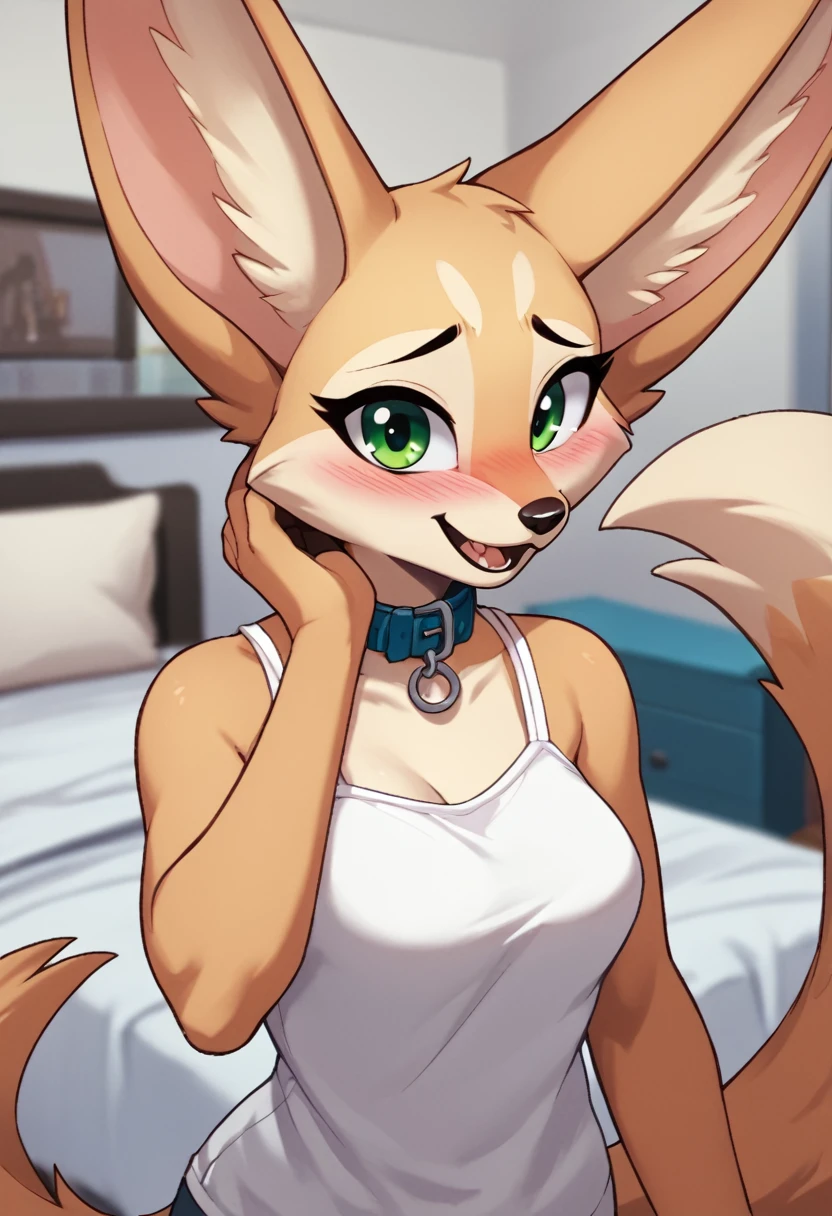 score_9, score_8_up, score_7_up, score_6_up, score_5_up, score_4_up, source_furry, by euf-dreamer, standing, indoors, bedroom, bed, upper body BREAK female, anthro, fennec, fox, tan fur, hand on own face, collar, white camisole,  medium breasts, smile, looking at viewer, green eyes, blush, open mouth  